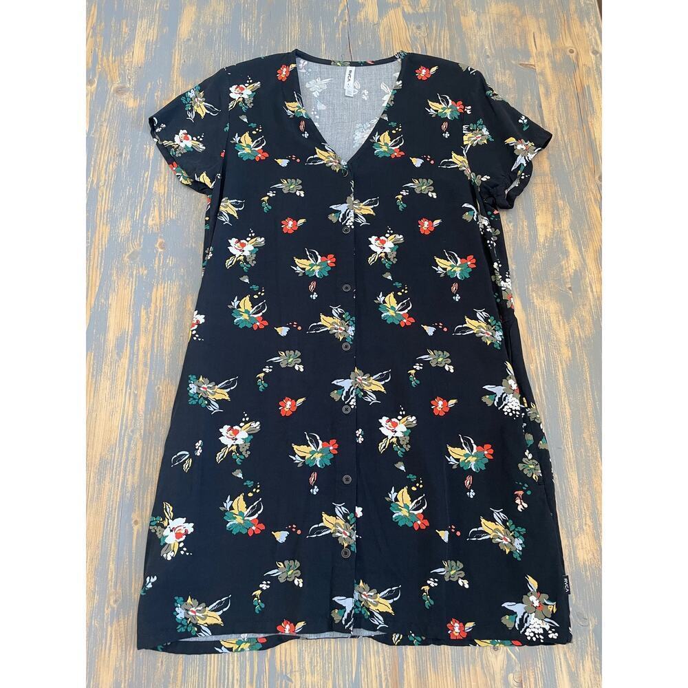 RVCA Understated Mini Dress Size L Short Sleeve Black Floral